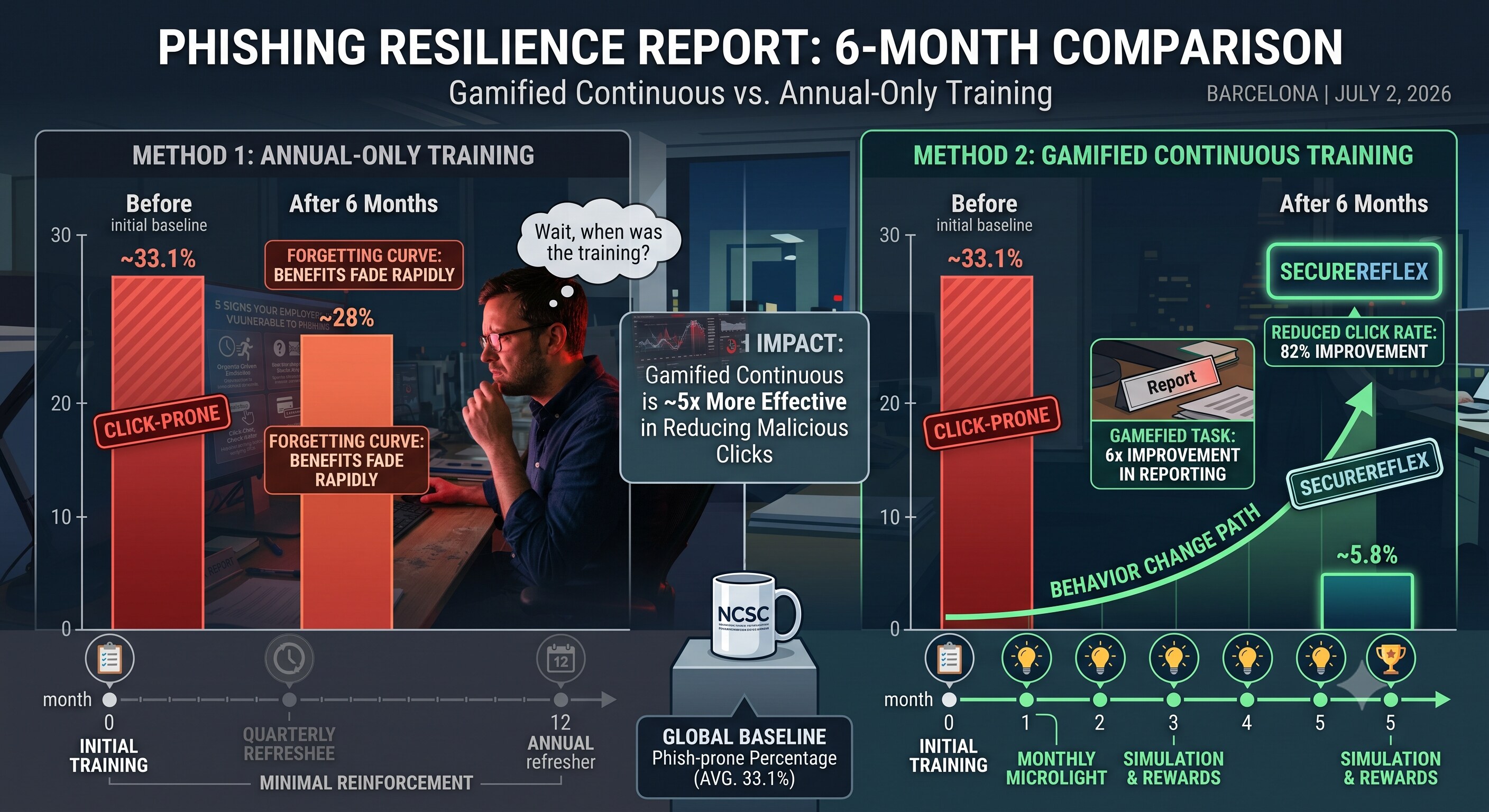 Bar chart showing phishing click rate reduction over six months with gamified continuous training versus annual-only training