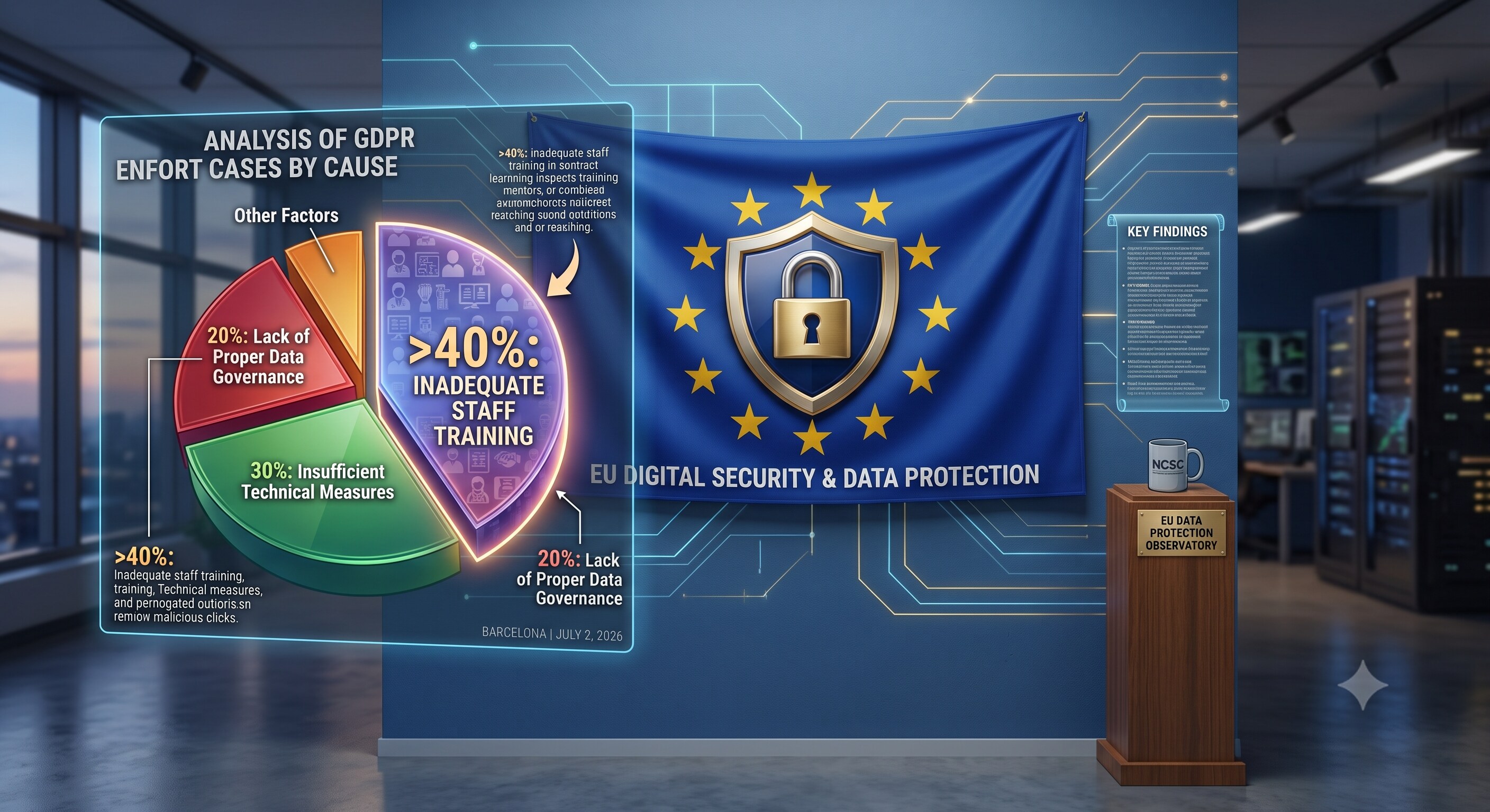 Pie chart showing that inadequate staff training is cited as a contributing factor in over 40% of GDPR enforcement cases