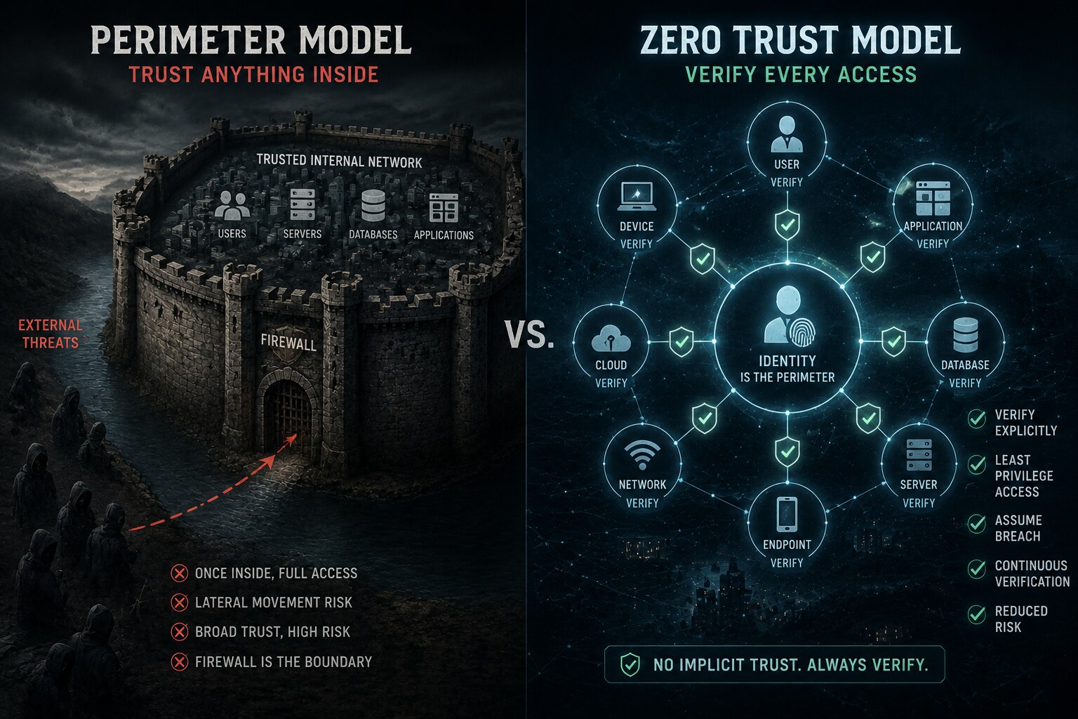 Side-by-side comparison of perimeter security model versus Zero Trust Architecture showing identity as the new boundary